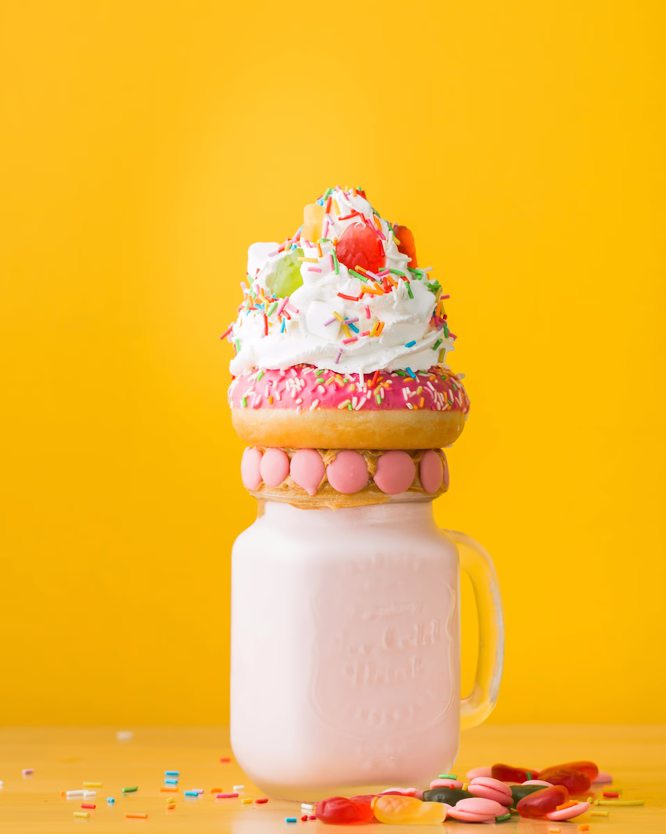 A jar with a cookie, glazed donut with sprinkles, and vanilla mousse stacked on top on a bright yellow background.